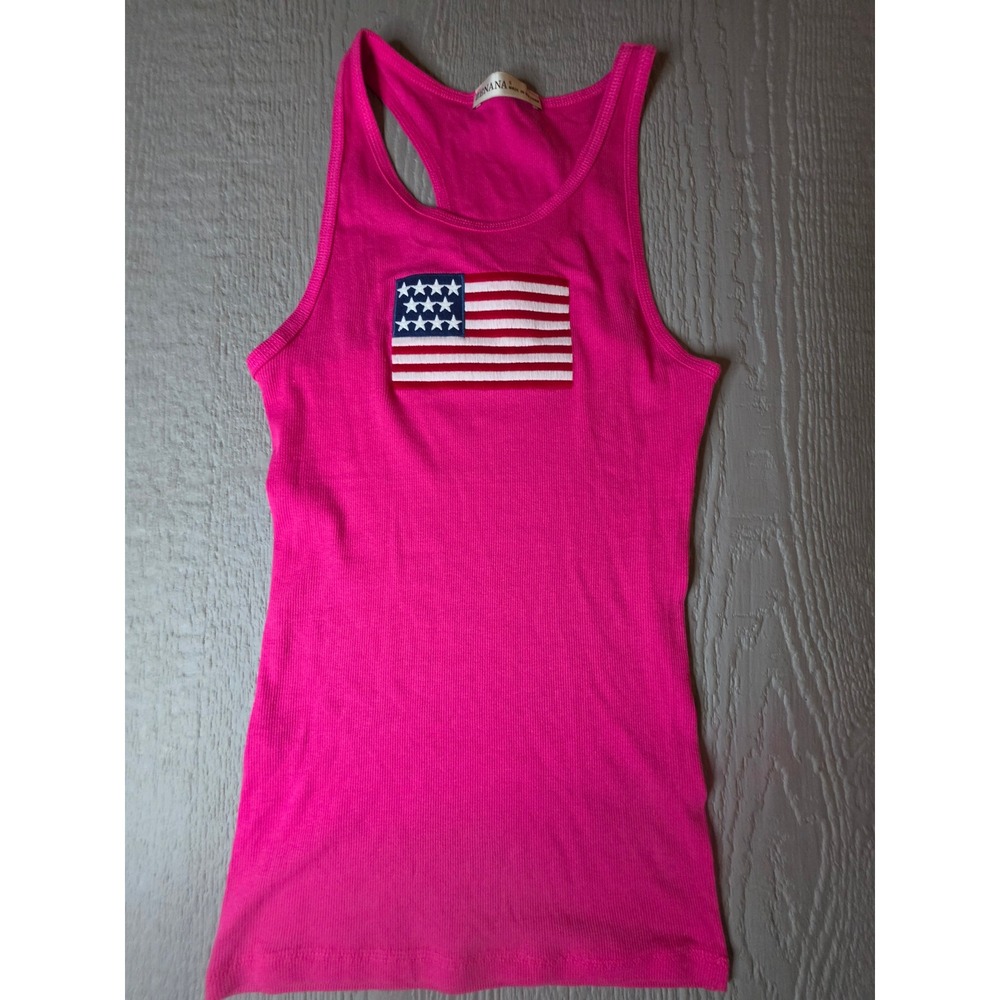Zenana Womens Hot Pink American Flag Ribbed Racerback Tank Top Size Small